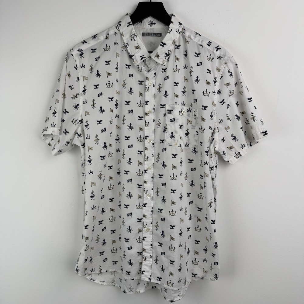 Michael Bastian Shirt Mens L Nautical Novelty Print‎ Button Down Short Sleeve